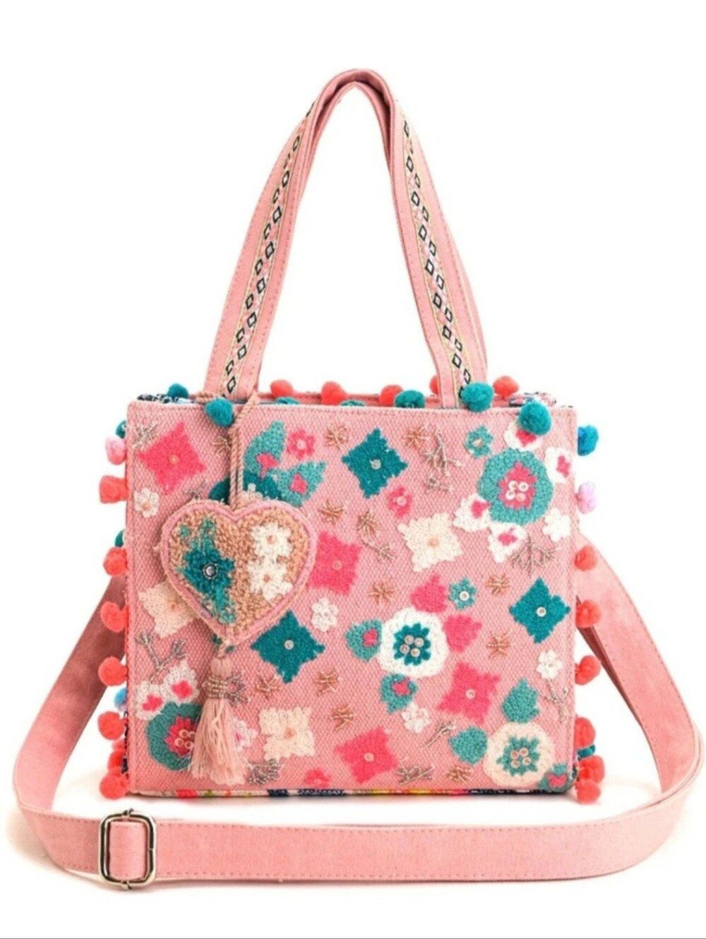 Boho Girl Pink floral embroidered handbag Anthropologie Style Crossbody